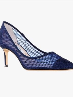 Nina Navy Mesh Pointed-Toe Kitten Heel Pumps
